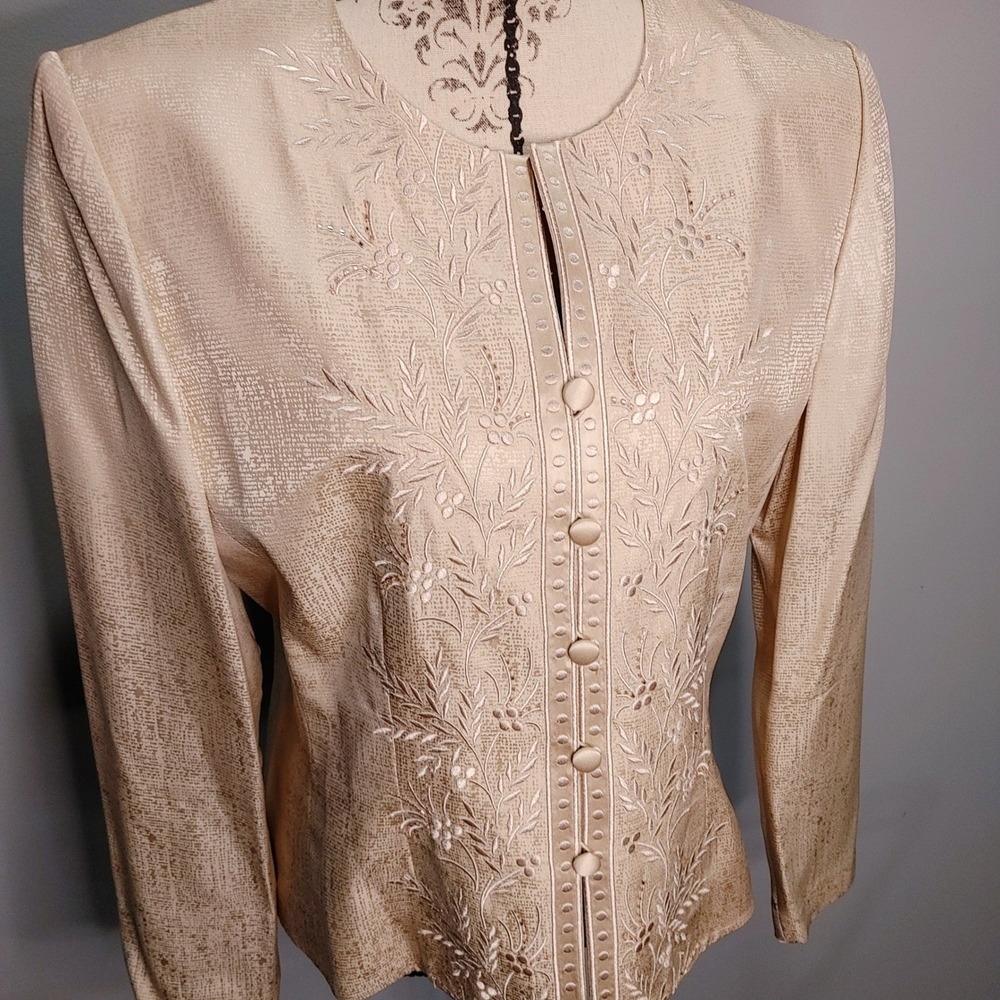 Adrianna Papell Silk Blazer 14 Champagne Embroidered Beaded Formal Jacket Gorp